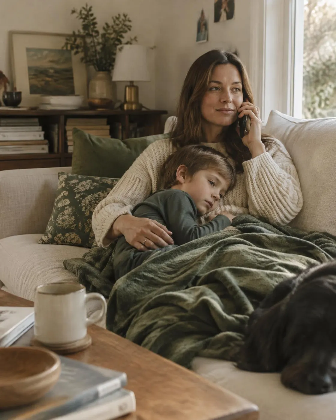 Mother on the phone with her son resting on the sofa